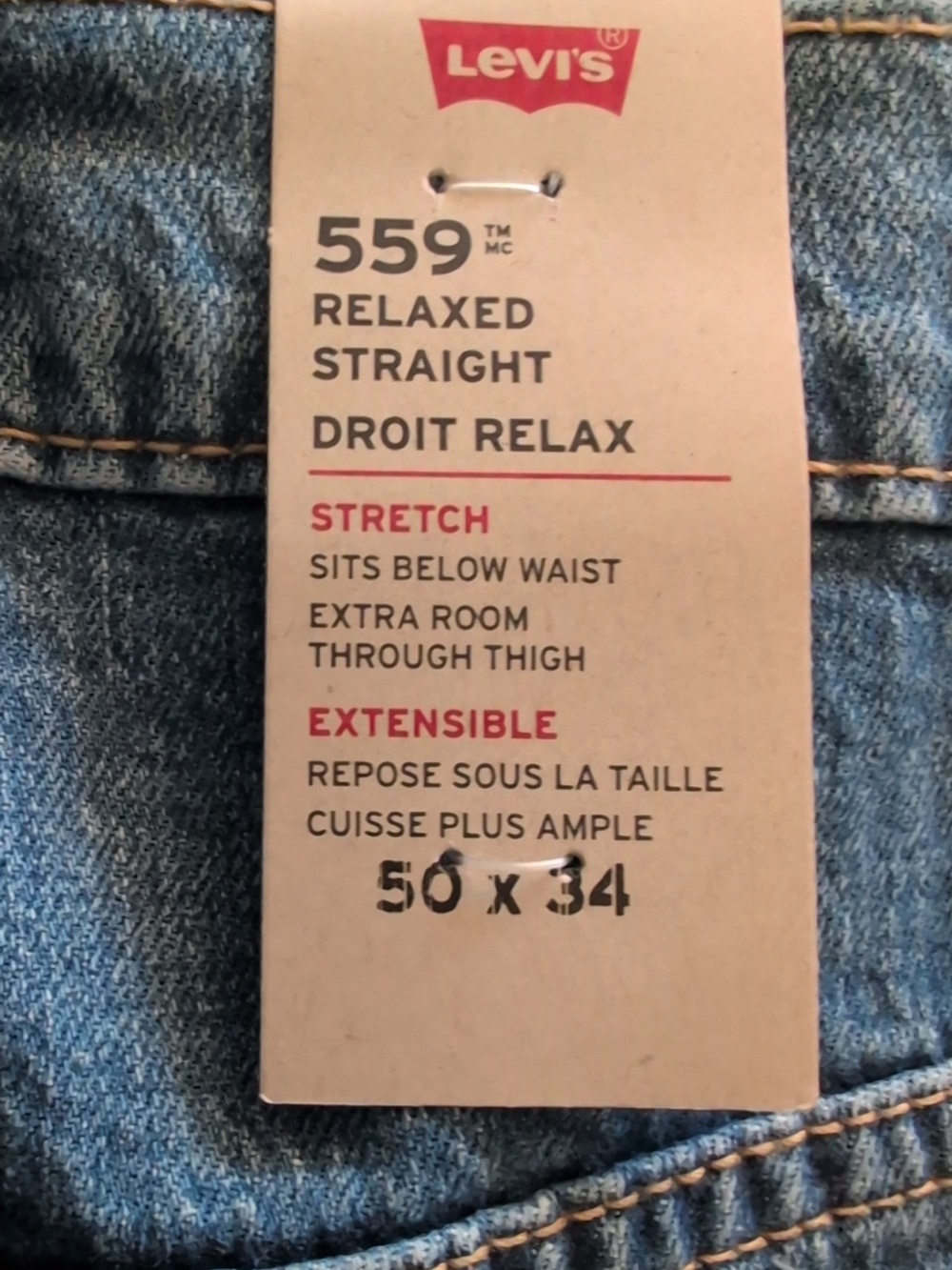 Brand New 559 Levi's light blue denim relaxed straight jeans with red tab 50x34 - Picture 6 of 6